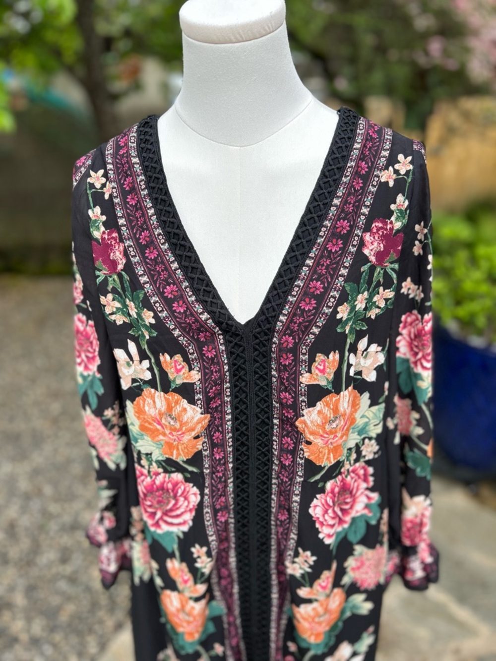 Altar'd State Black Floral V-Neck Maxi Dress with Pink & Peach Roses - Size S - Picture 2 of 8
